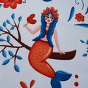 Габардин "Принт 6" русалочка на белом