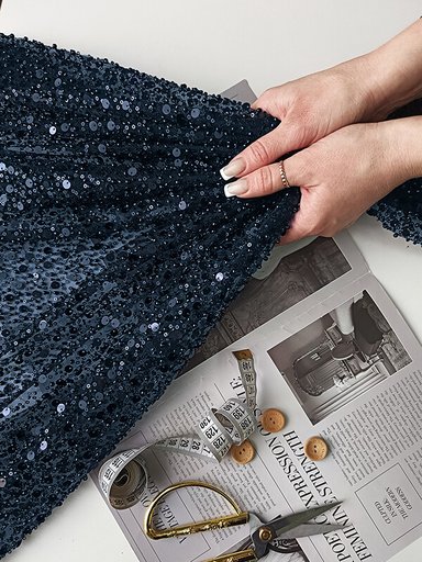 Сетка с пайетками и бисером Адель "Темно- синий"