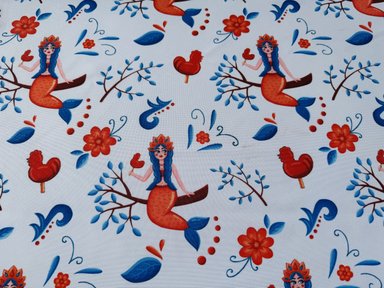 Габардин "Принт 6" русалочка на белом